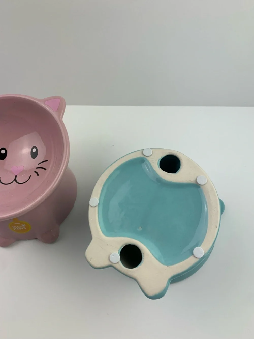 Nice Paws Ceramic Tilted & Raised Cat Bowls Lot Of 2 Pink Blue
